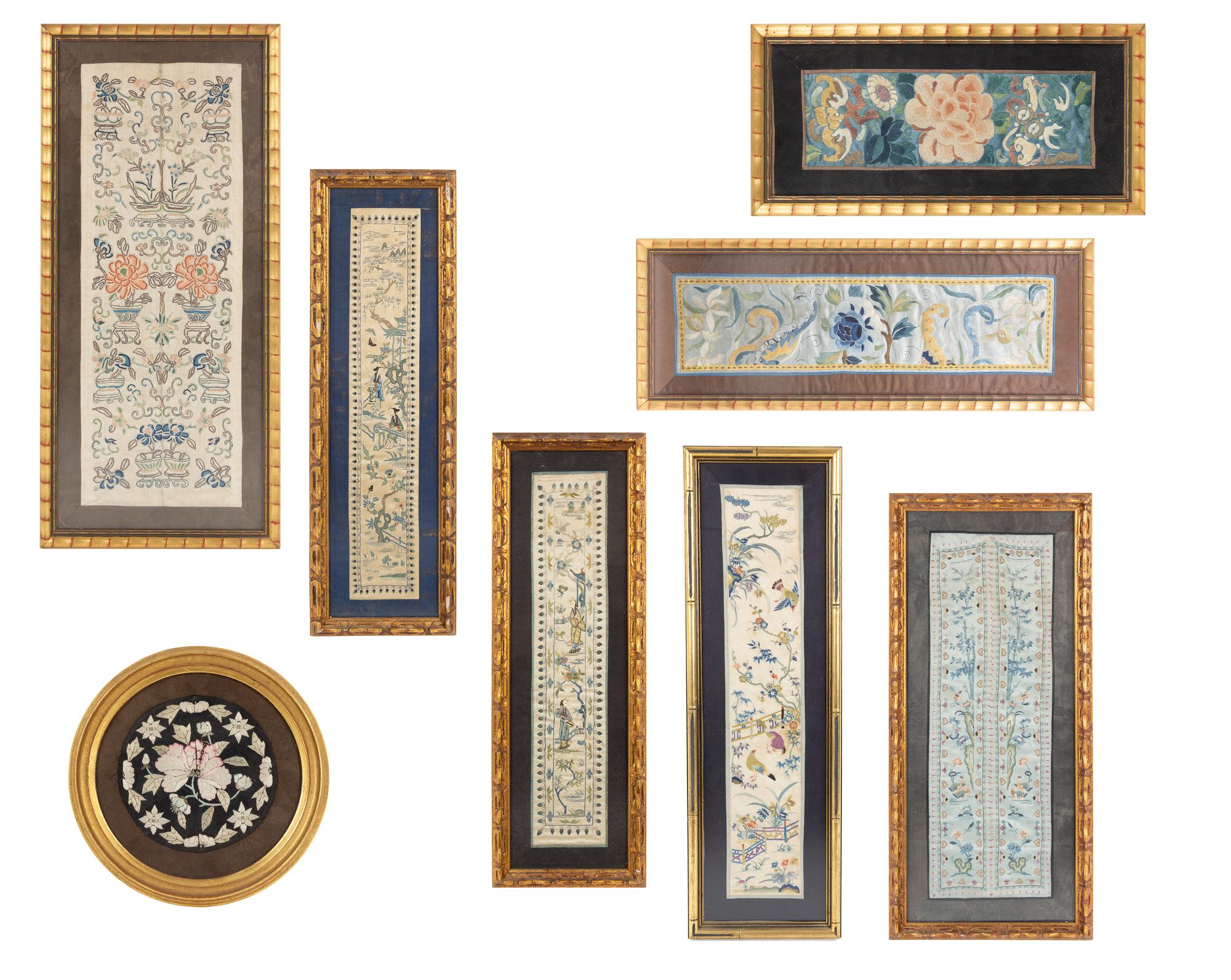 Fifteen Embroidered Silk Panels 26 x 13 inches (largest). — QING DYNASTY (1644-1912)