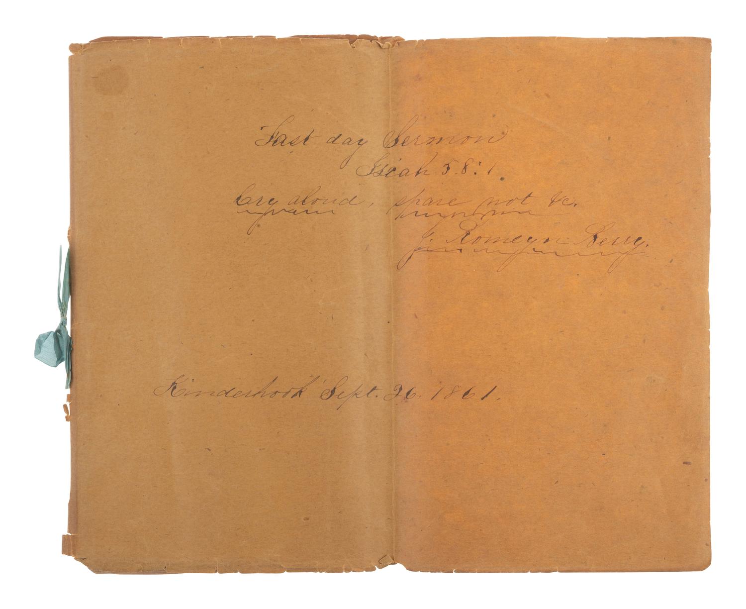 [CIVIL WAR]. Manuscript sermon signed by J. Romeyn Berry, including discussion of the evil of slavery. Kinderhook, NY, 26 September 1861.