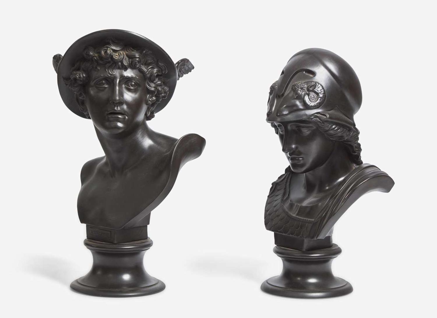 Two Wedgwood black basalt busts depicting Mercury and Minerva England, late 19th century