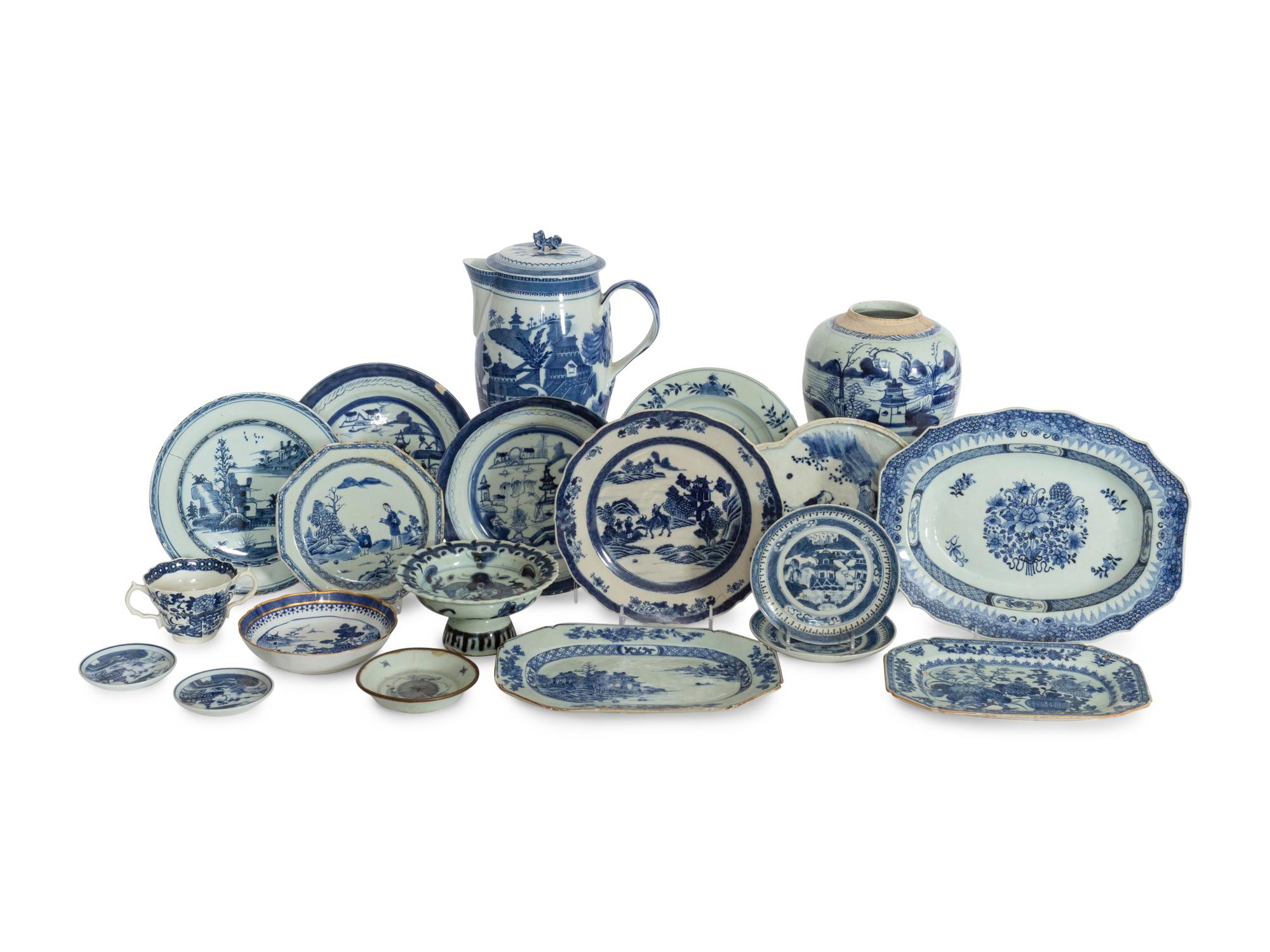 A Group of Fourteen Blue and White Porcelain Articles