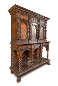 An Italian Baroque Style Carved Walnut and Marquetry Cabinet on Stand