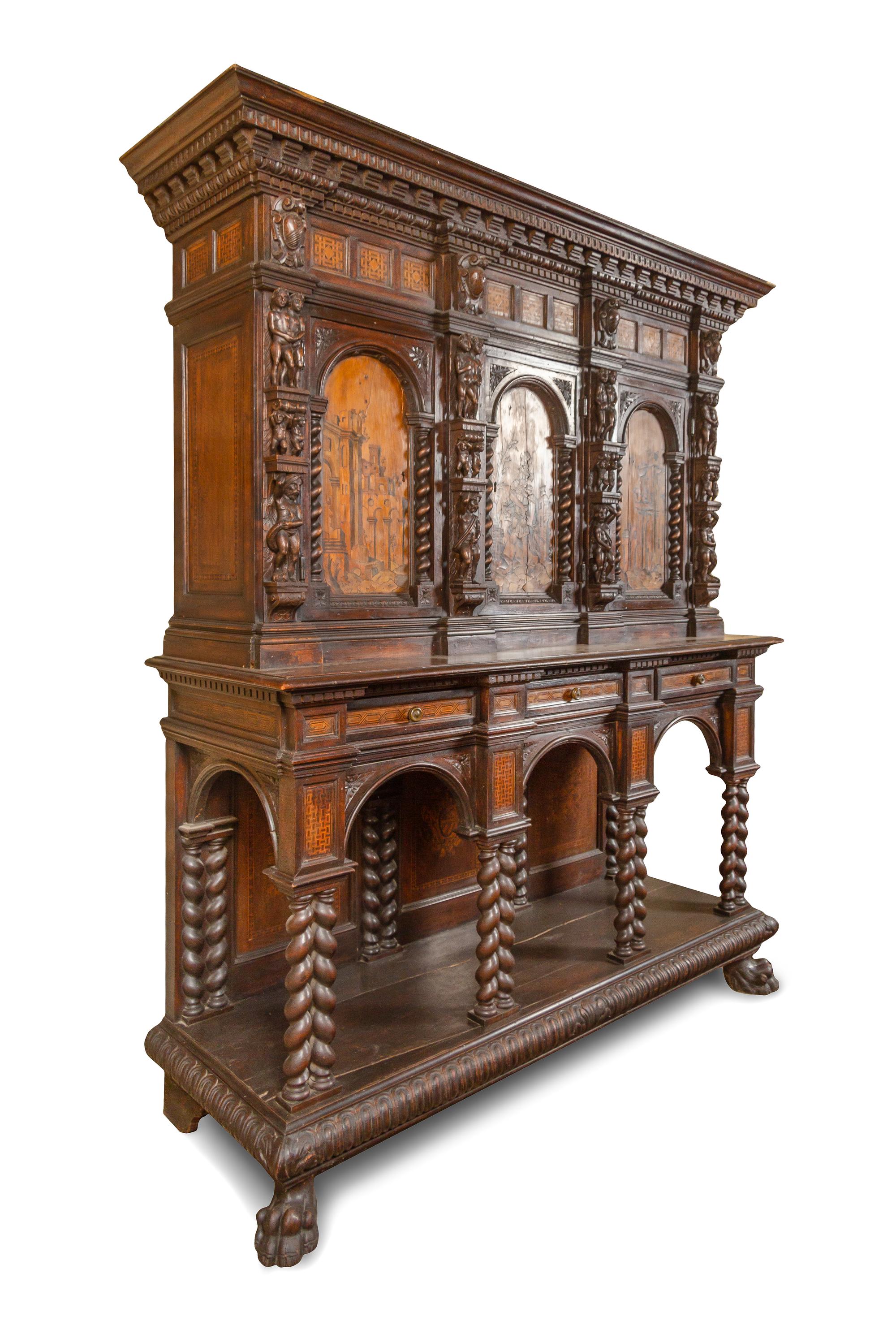 An Italian Baroque Style Carved Walnut and Marquetry Cabinet on Stand