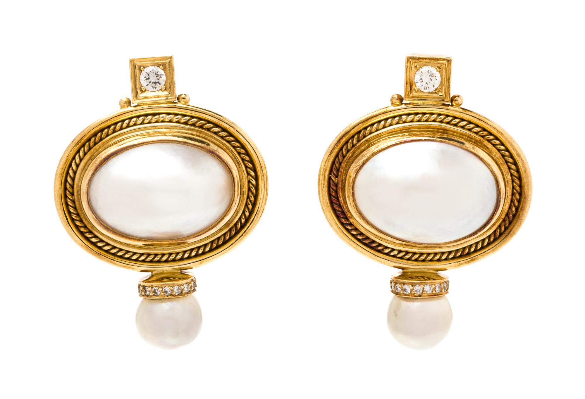 A Pair of 18 Karat Yellow Gold, Cultured Pearl, Mabe Pearl and Diamond Earclips, Elizabeth Gage, 17.10 dwts.