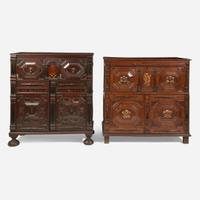 Two James II style inlaid walnut cupboards, late 19th / early 20th century, partially incorporating 17th-century elements