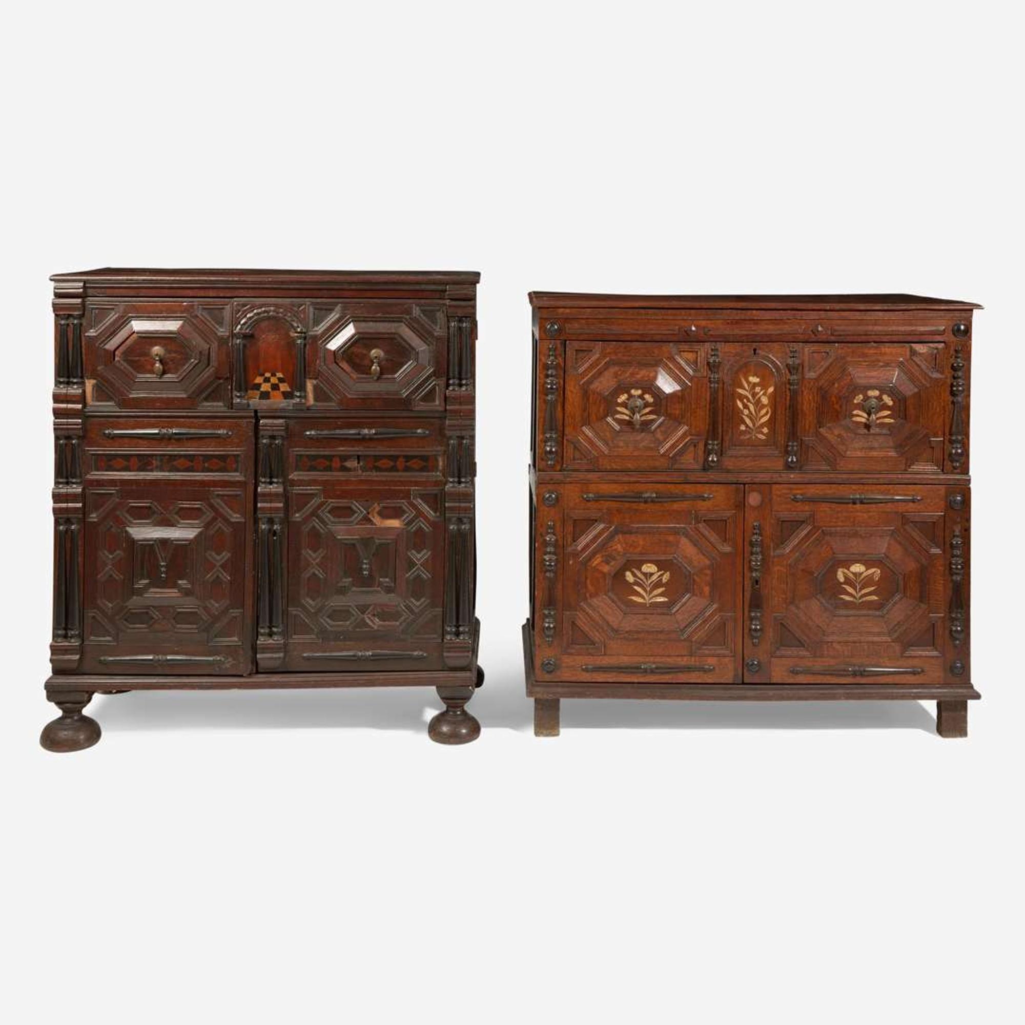Two James II style inlaid walnut cupboards, late 19th / early 20th century, partially incorporating 17th-century elements