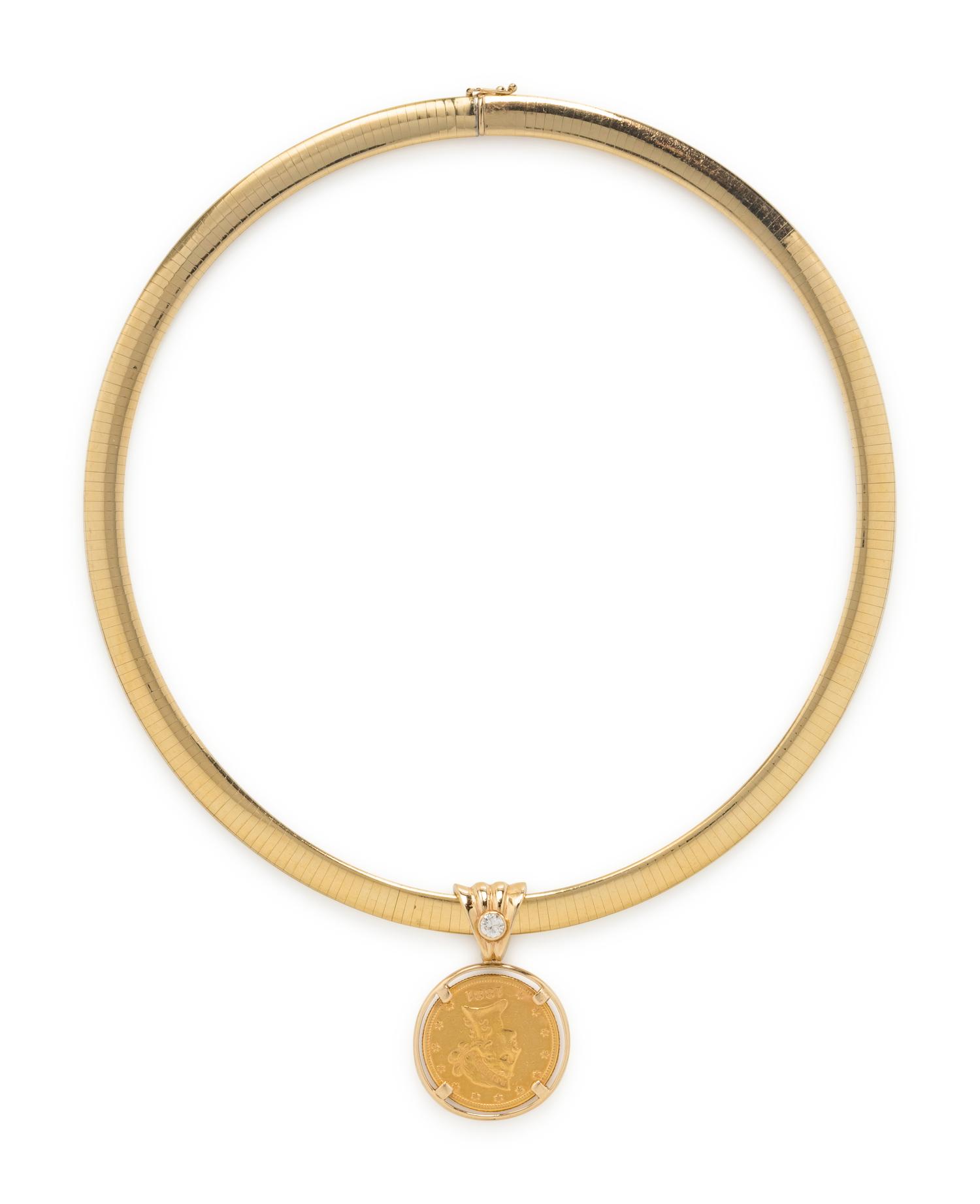 YELLOW GOLD, DIAMOND, AND COIN OMEGA CHOKER NECKLACE