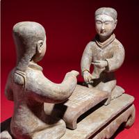 Two Chinese Painted Pottery Ladies Playing Liubo , Western Han Dynasty — 西漢 灰陶彩繪女對弈俑一組