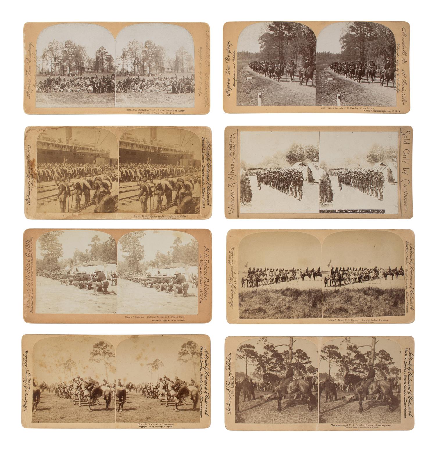 [BUFFALO SOLDIERS]. A group of 32 stereoviews of African American soldiers incl. 9th and 10th Cavalry Regiments. Ca 1890s-1900s.