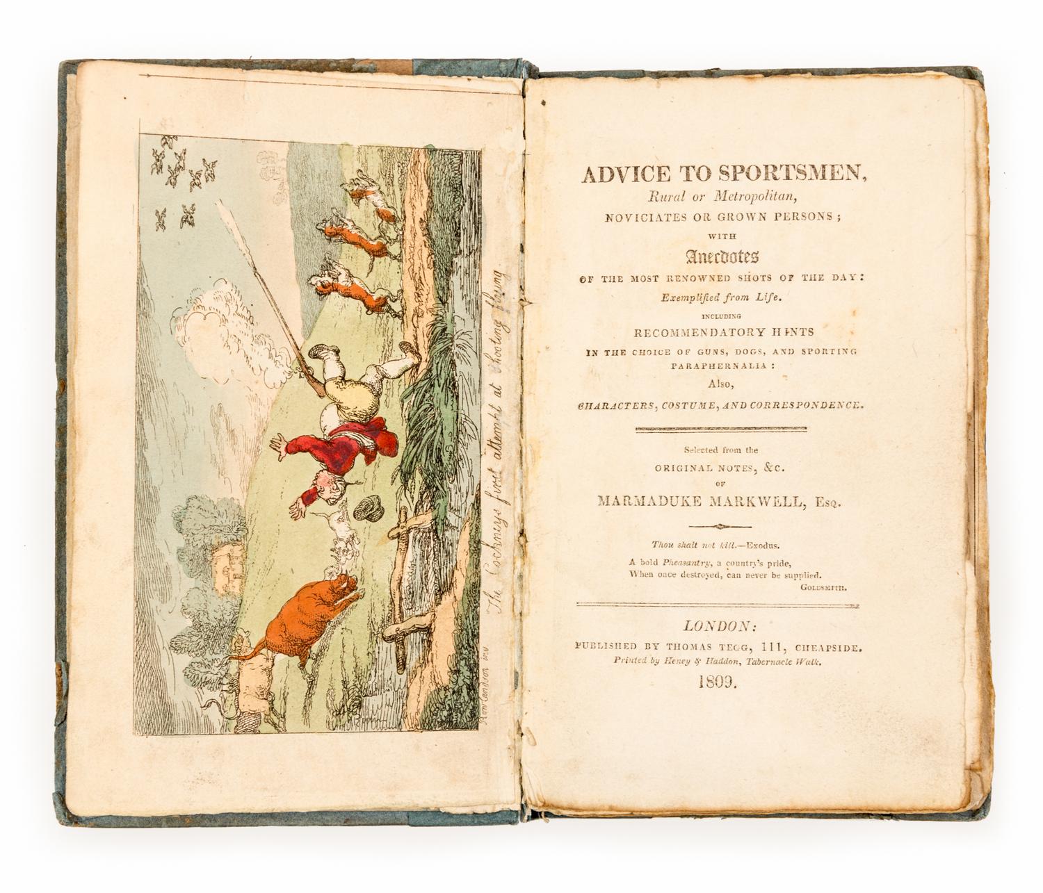 ROWLANDSON, Thomas, illustrator -- MAXWELL, Marmaduke, pseudonym. Advice to Sportsmen. 1809. Original boards.