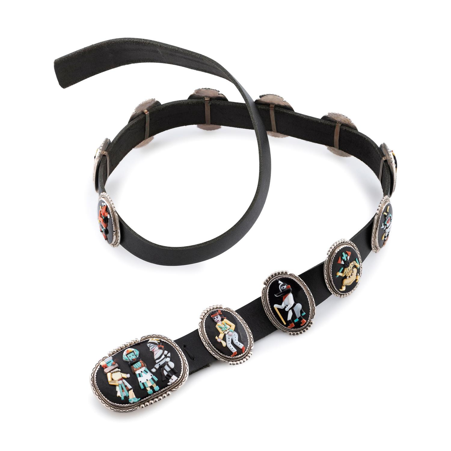 Silver and Mosaic Inlay Concha Belt, with Katsinas and Dancers
