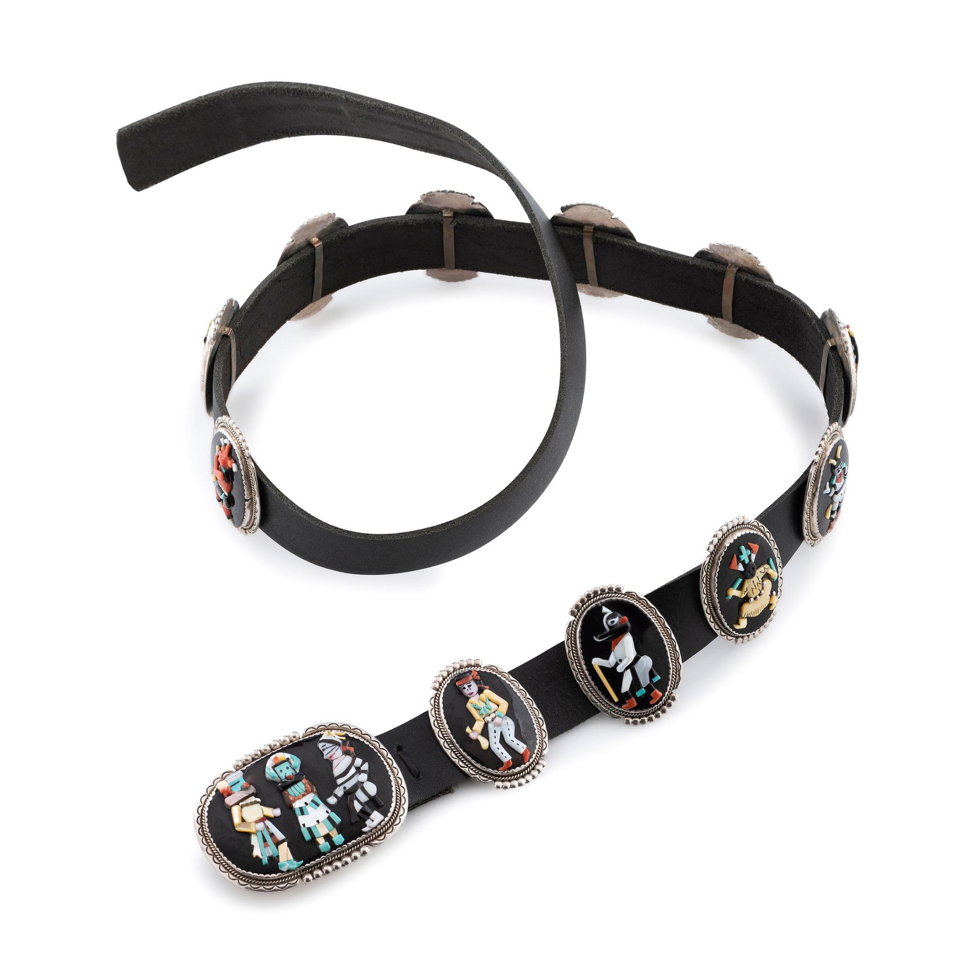 Silver and Mosaic Inlay Concha Belt, with Katsinas and Dancers