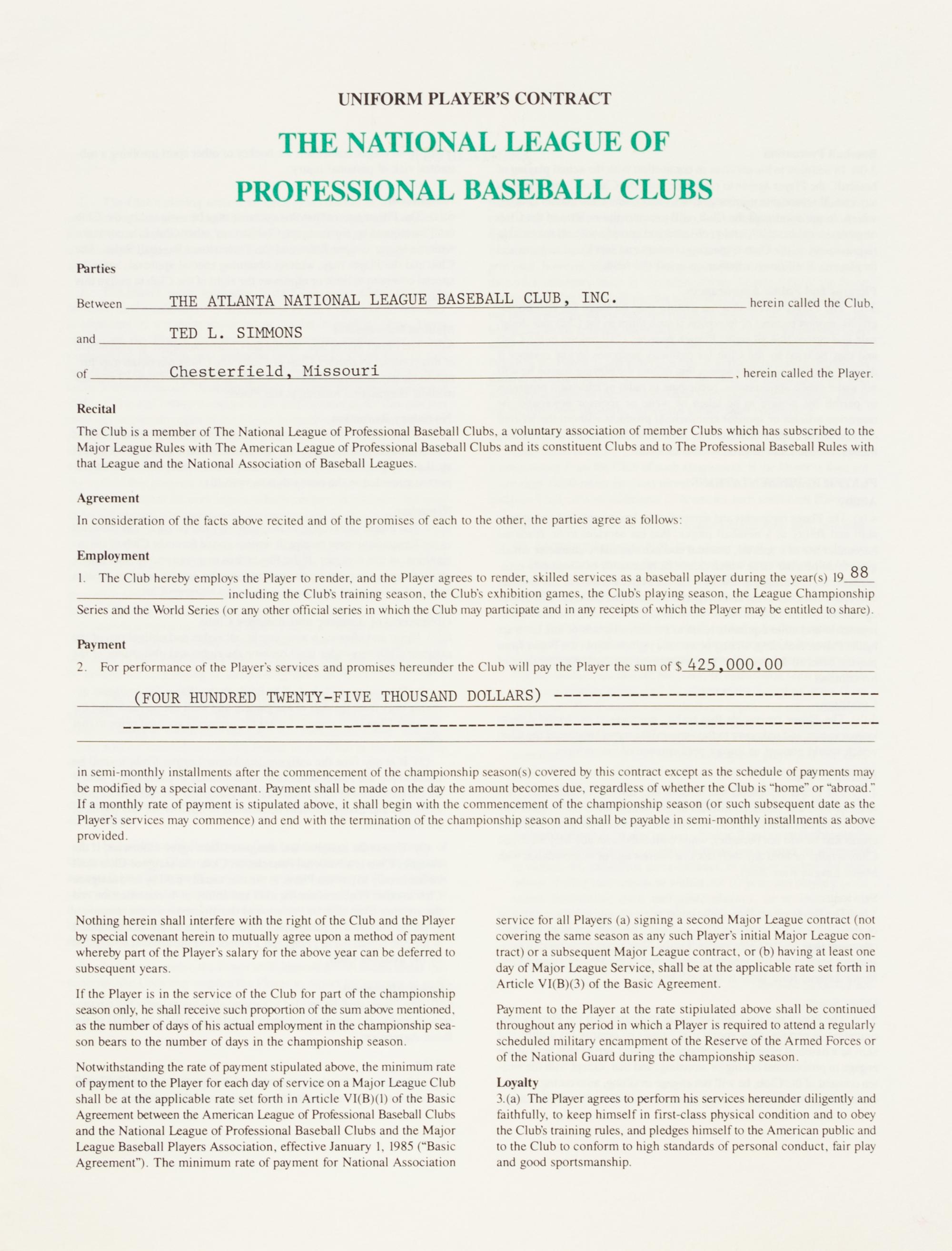 A Large Group of Contracts and Documents from The Collection of Baseball Hall of Famer Ted Simmons,