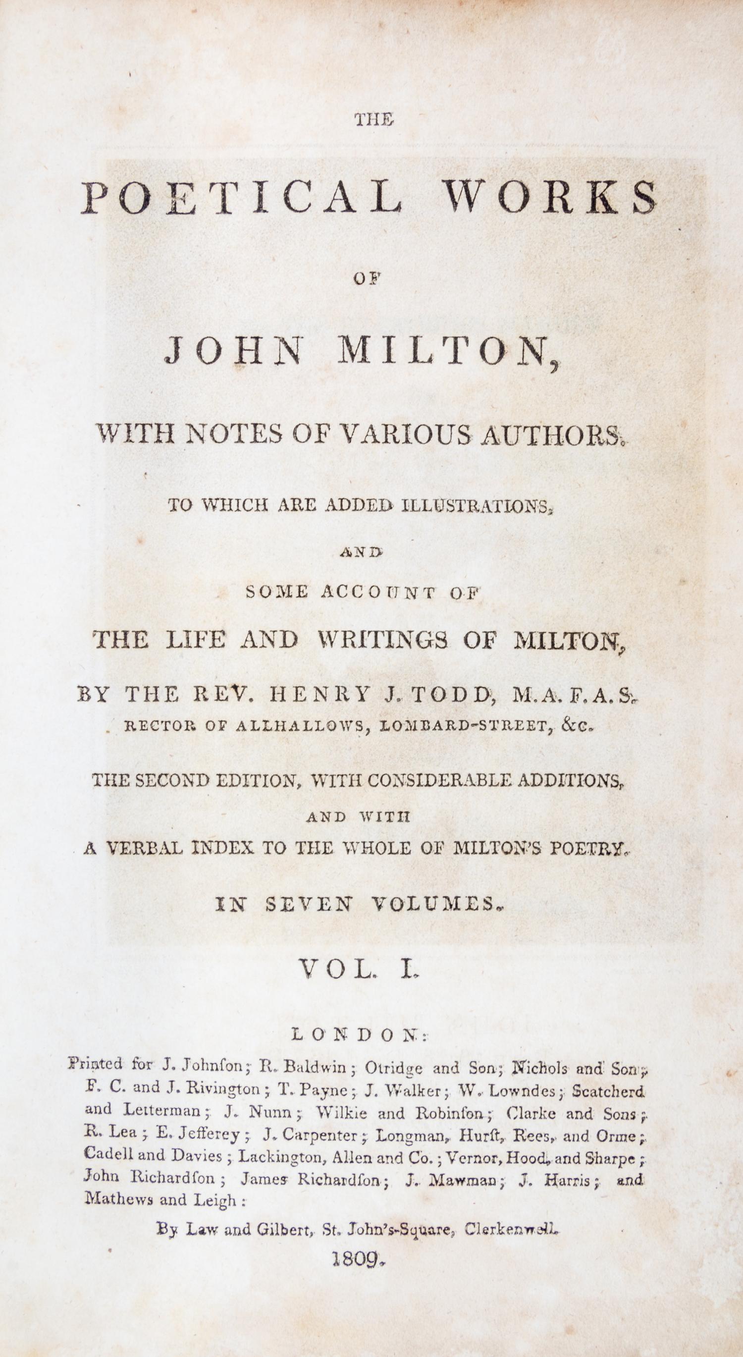 MILTON, JOHN. The Poetical Works. London, 1809. 7 vols. Todd's edition, second edition.