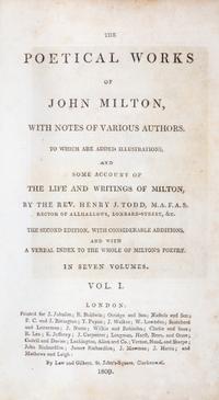 MILTON, JOHN. The Poetical Works. London, 1809. 7 vols. Todd's edition, second edition.
