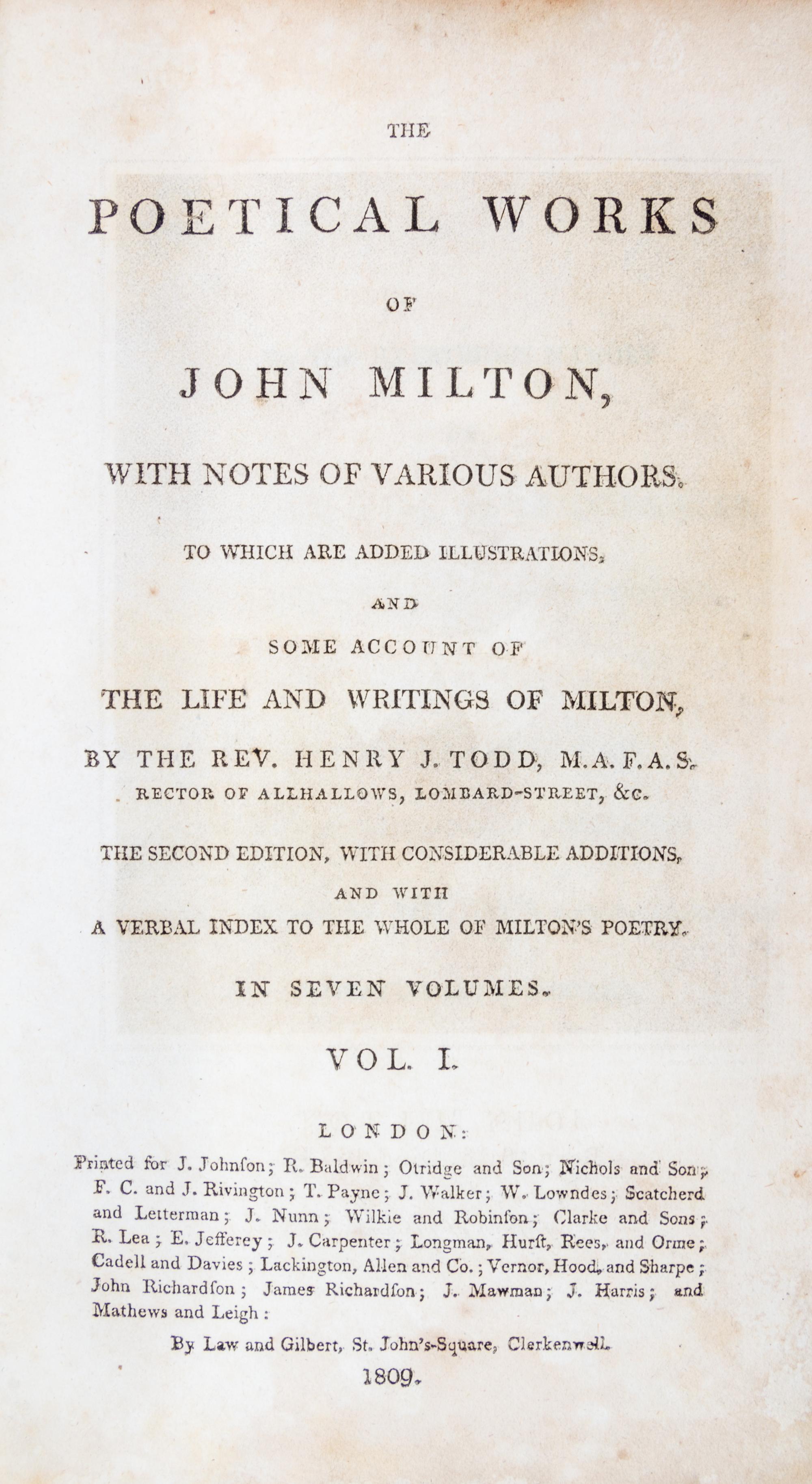 MILTON, JOHN. The Poetical Works. London, 1809. 7 vols. Todd's edition, second edition.