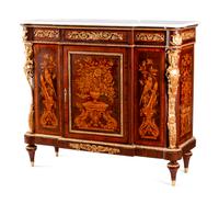 A Louis XV Style Gilt Bronze Mounted Marquetry Marble-Top Cabinet