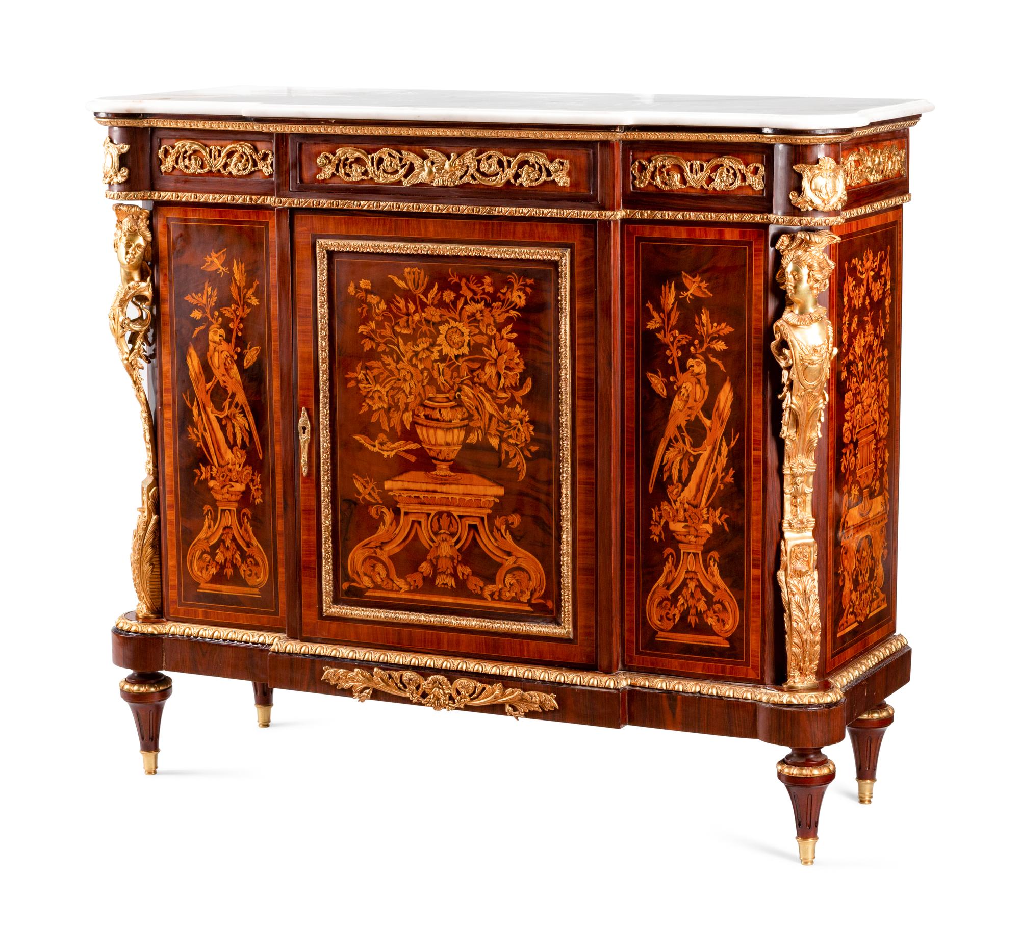 A Louis XV Style Gilt Bronze Mounted Marquetry Marble-Top Cabinet