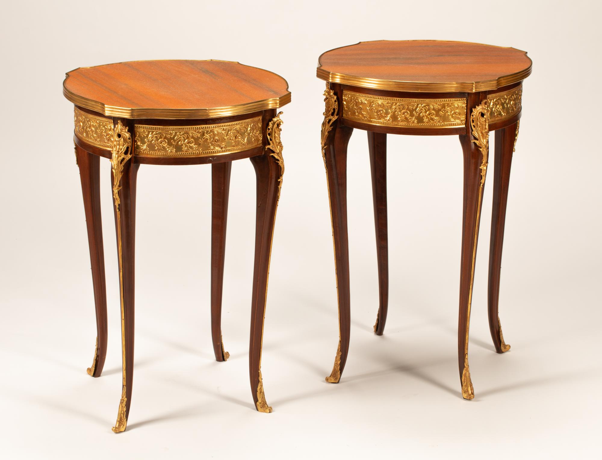 A Pair of Louis XV Style Gilt Bronze and Gilt Metal Mounted Marble-Top Gueridons