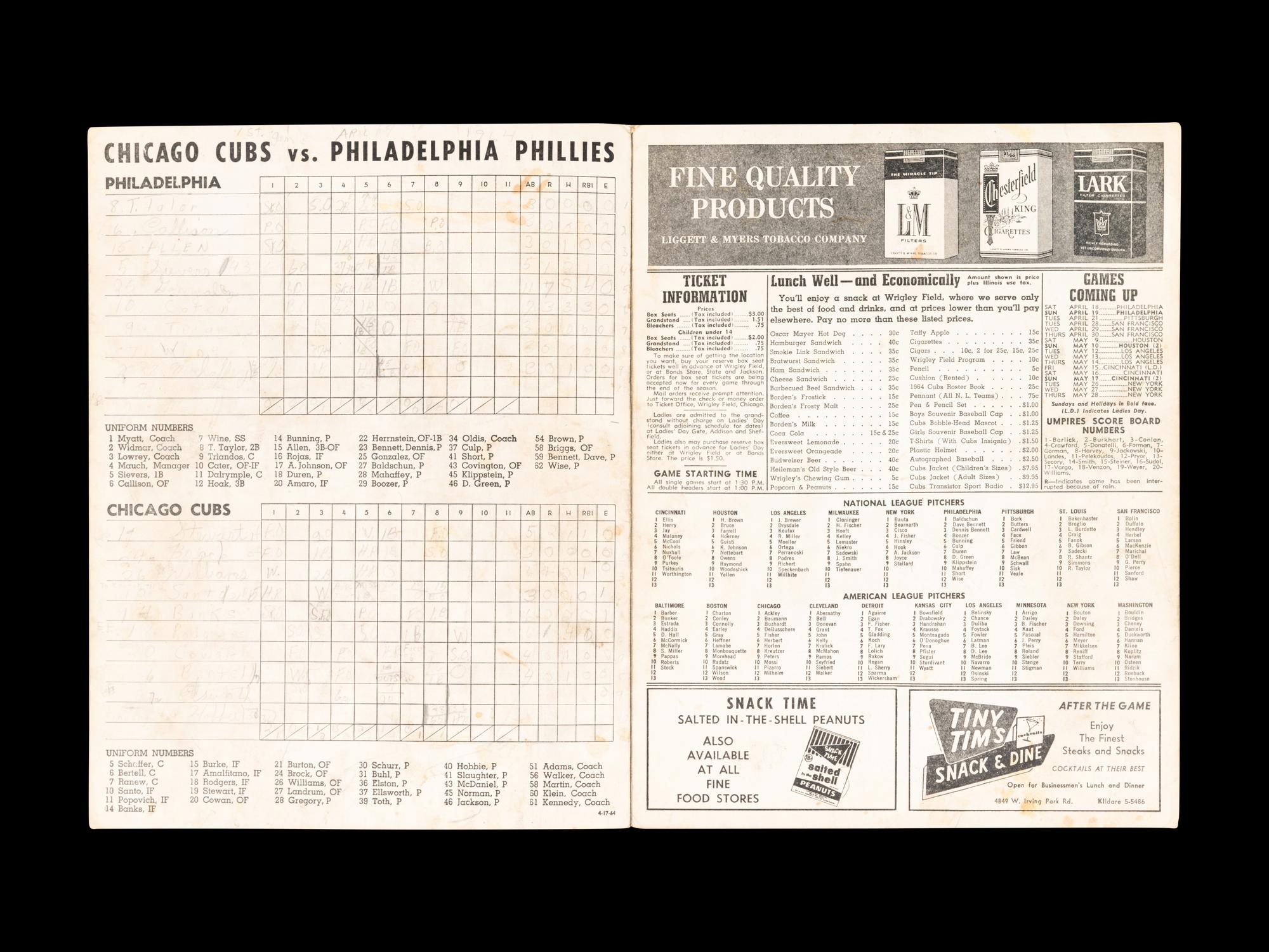 A Group of 12 1960s-70s Chicago Cubs Wrigley Field Signed Autograph Scorecards (Including Ernie Banks, Billy Williams, Fergie Jenkins and Ron Santo)