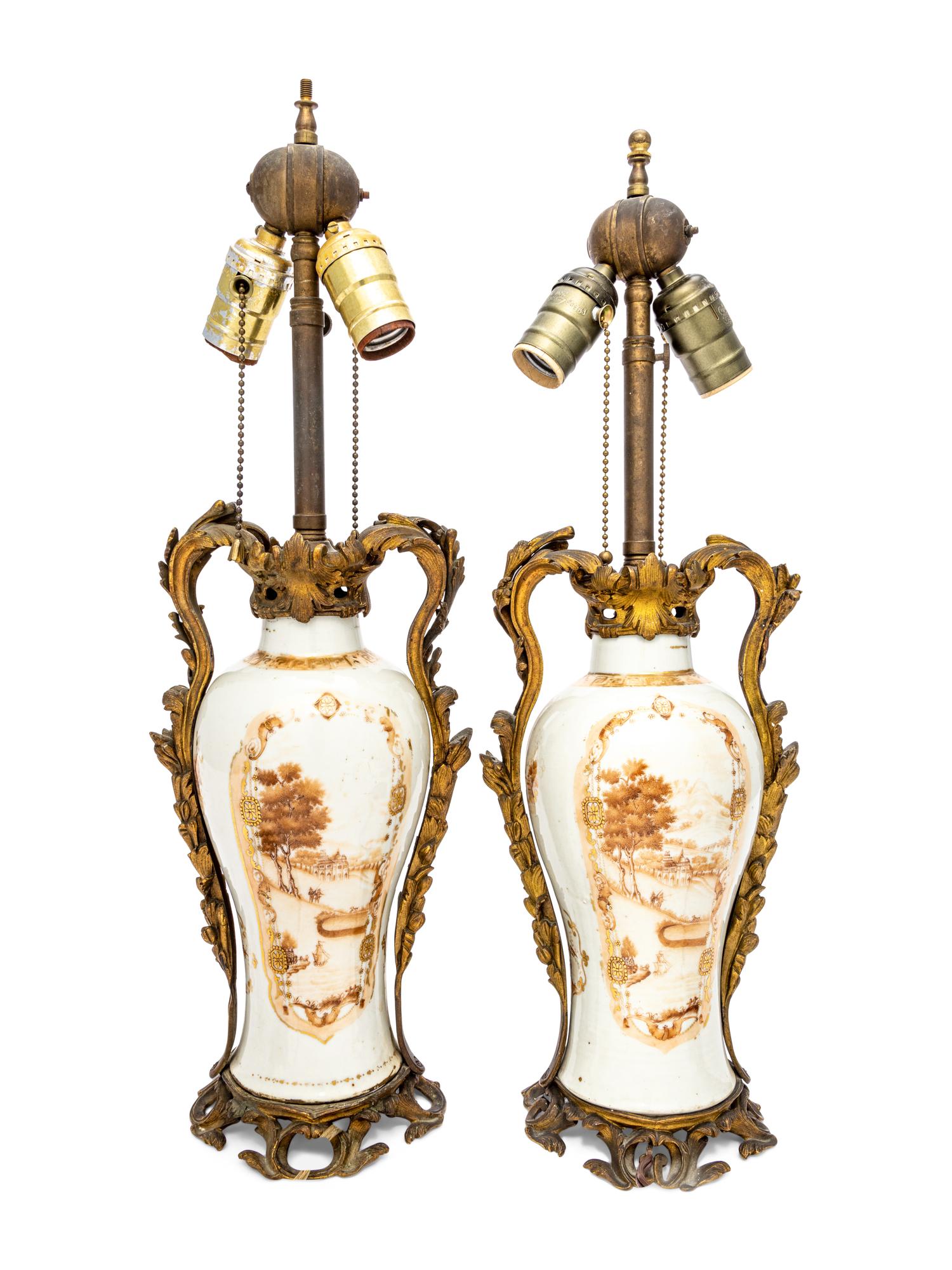 A Pair of Chinese Export Porcelain Vases Mounted as Lamps