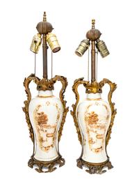 A Pair of Chinese Export Porcelain Vases Mounted as Lamps