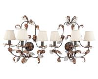A Pair of French Parcel Gilt Iron and Cut Glass Three-Light Sconces