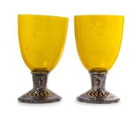 A Pair of American Enameled Silver Mounted Glass Vases, Shreve Co., San Francisco, CA, the glass vessels etched with scenes titled Don