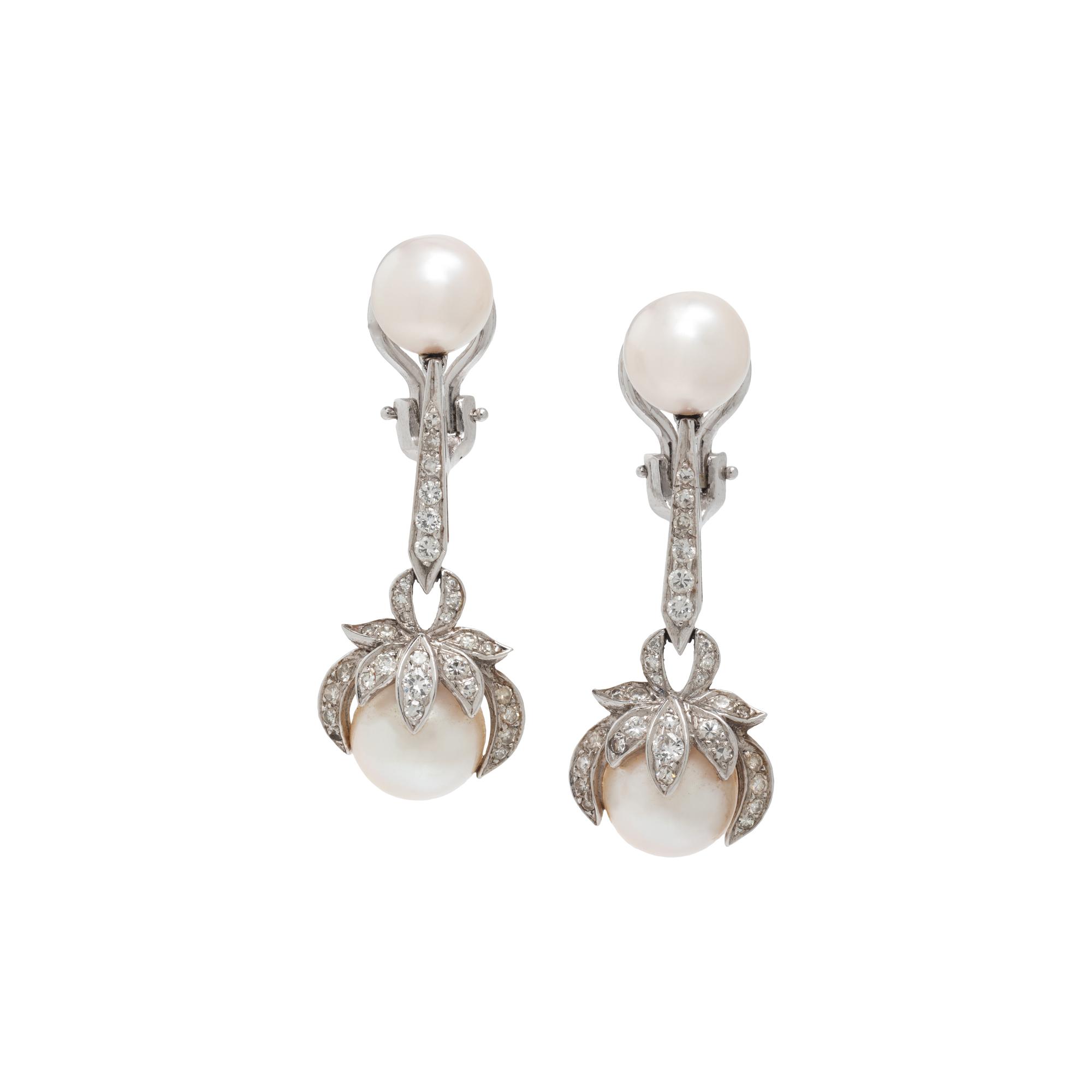 CULTURED PEARL AND DIAMOND CLIP EARRINGS