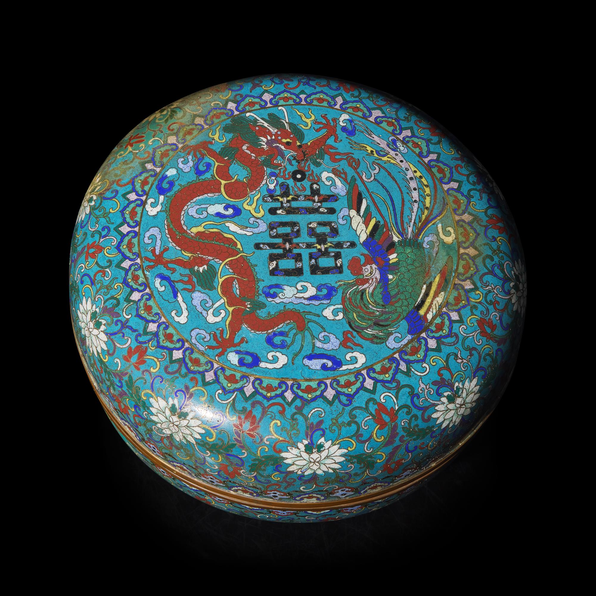 A Large Chinese Cloisonné Wedding Box, Late Qing to Early Republic Period — 晚清民國 掐絲琺琅捧盒