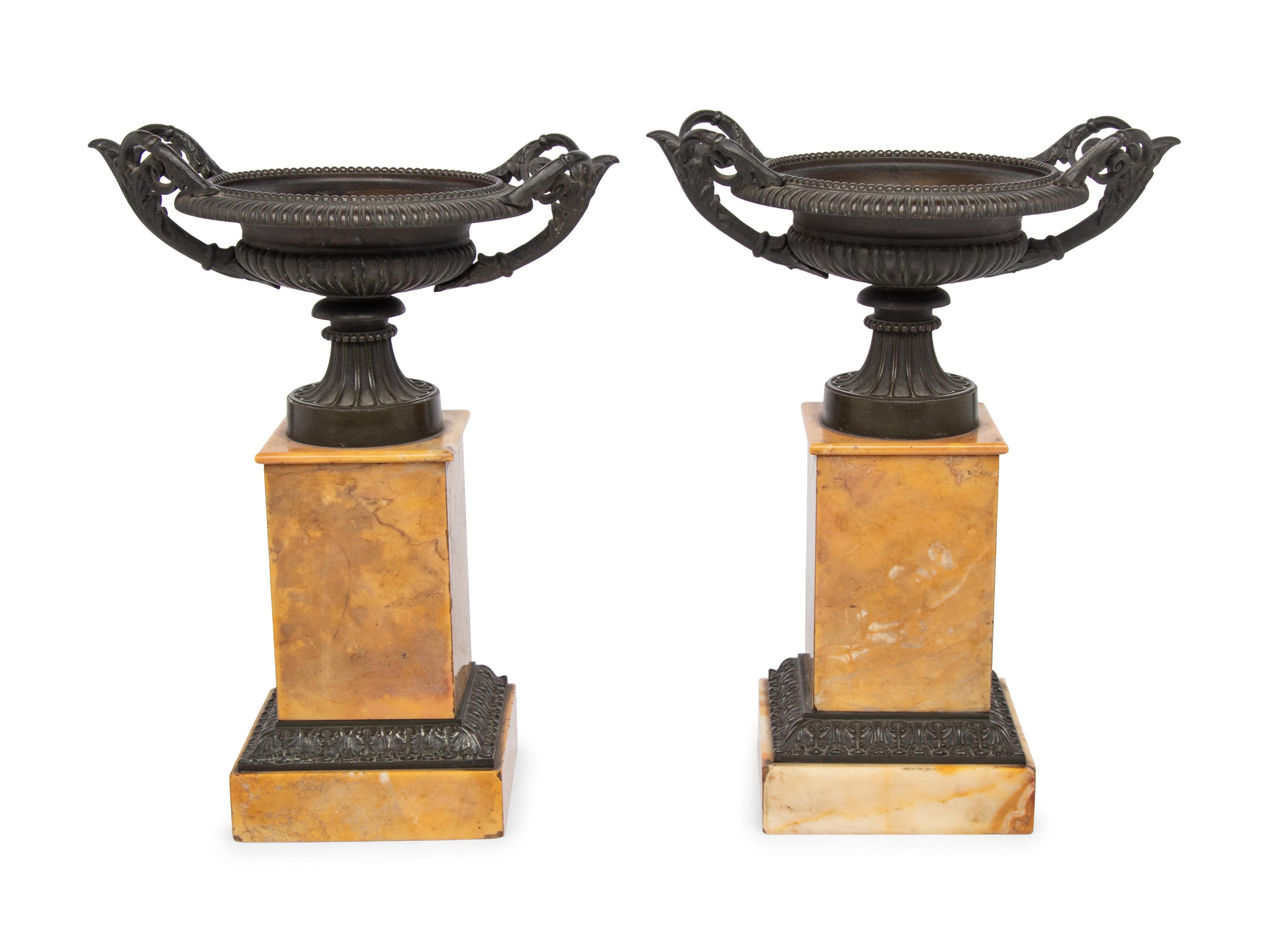 A Pair of Louis Phillipe Bronze and Sienna Marble Cassolettes
