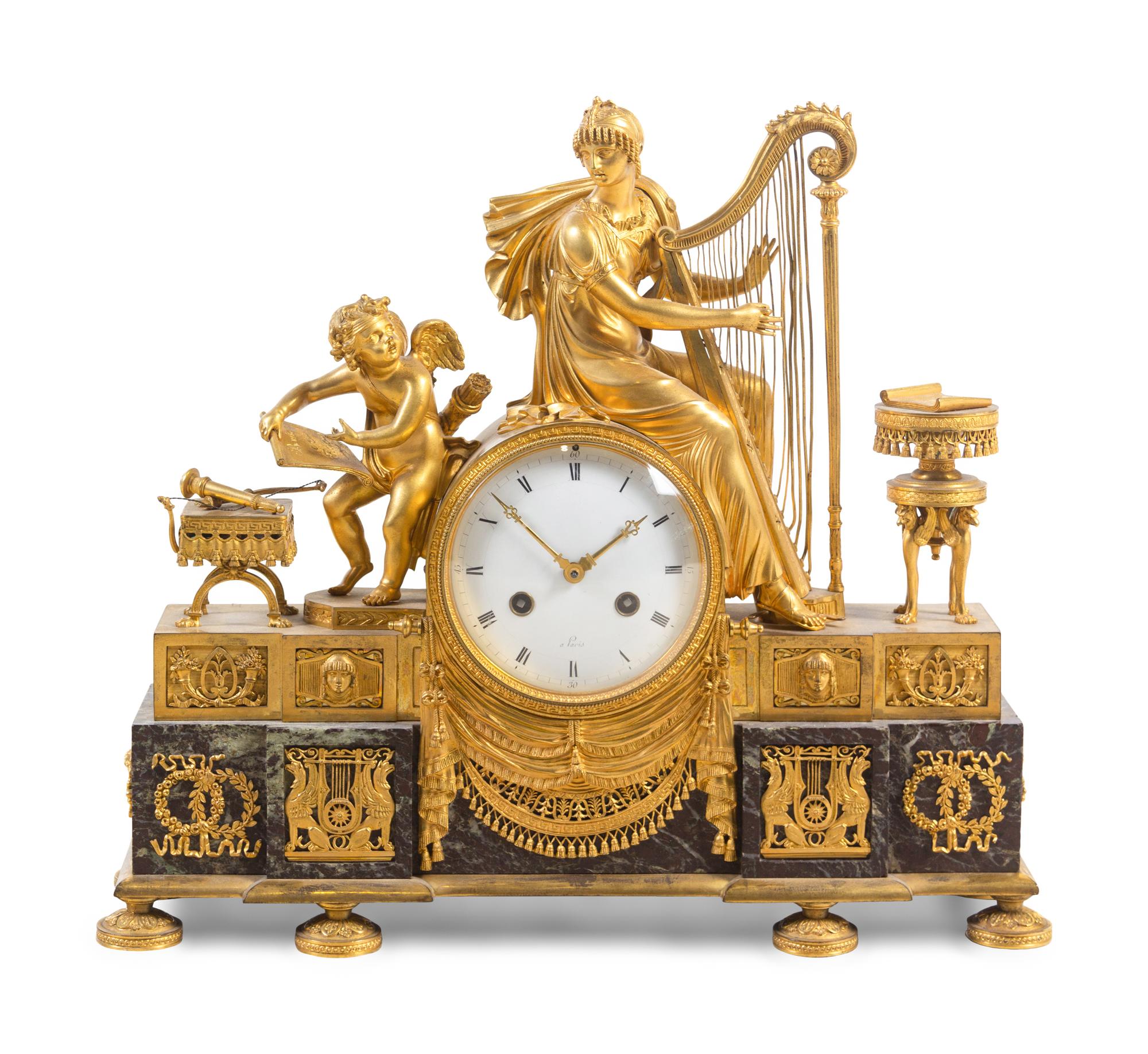 An Empire Gilt Bronze and Marble Figural Mantel Clock