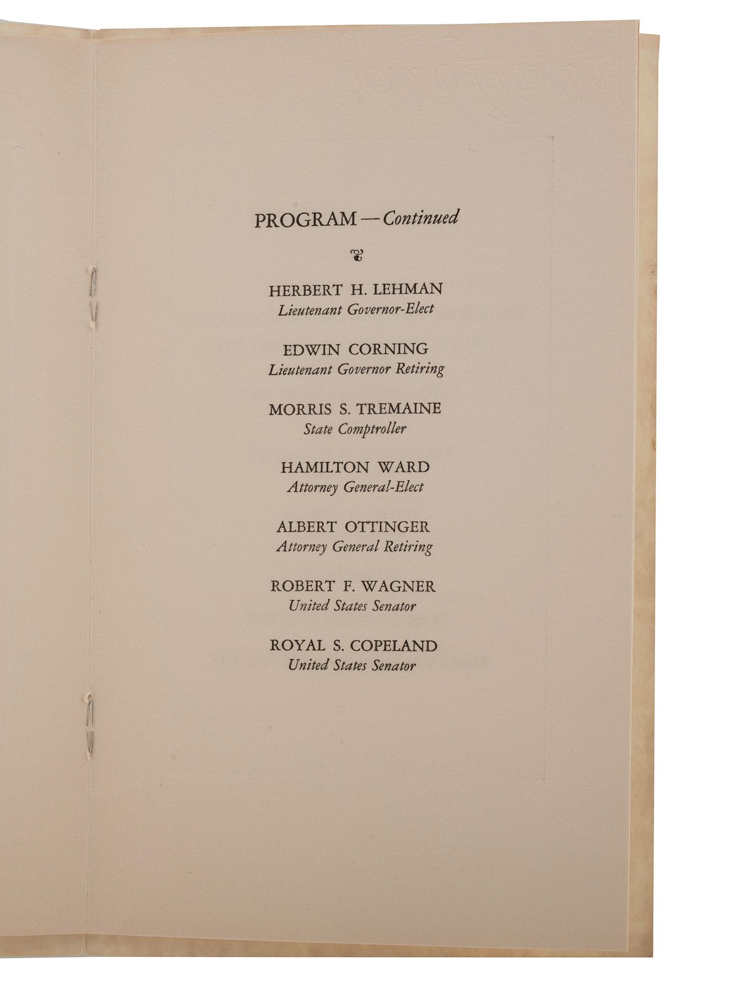 [ROOSEVELT, Franklin Delano (1882-1945)]. A group of invitations, tickets, and programs for FDR's inauguration as New York governor, comprising: