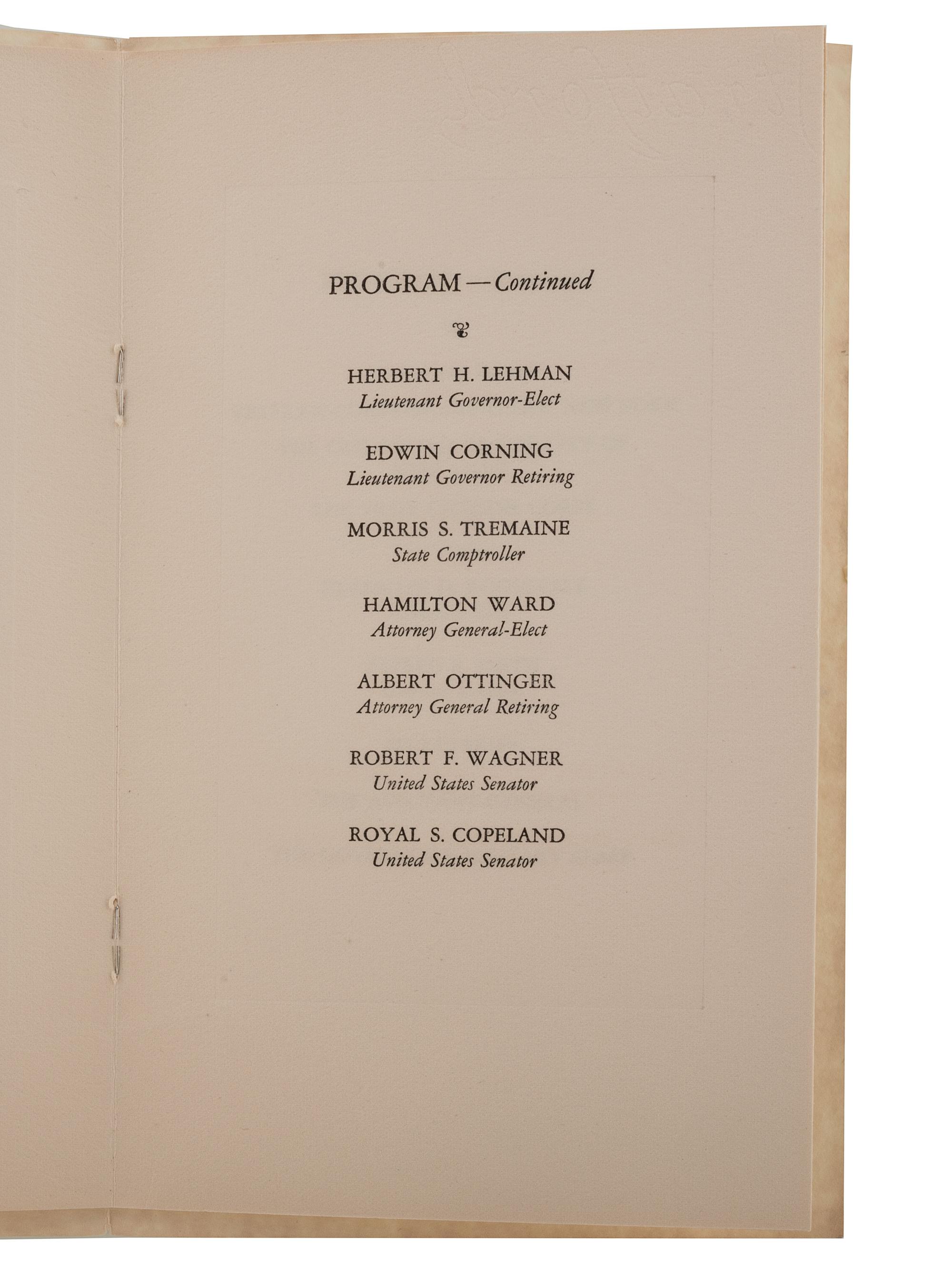 [ROOSEVELT, Franklin Delano (1882-1945)]. A group of invitations, tickets, and programs for FDR's inauguration as New York governor, comprising:
