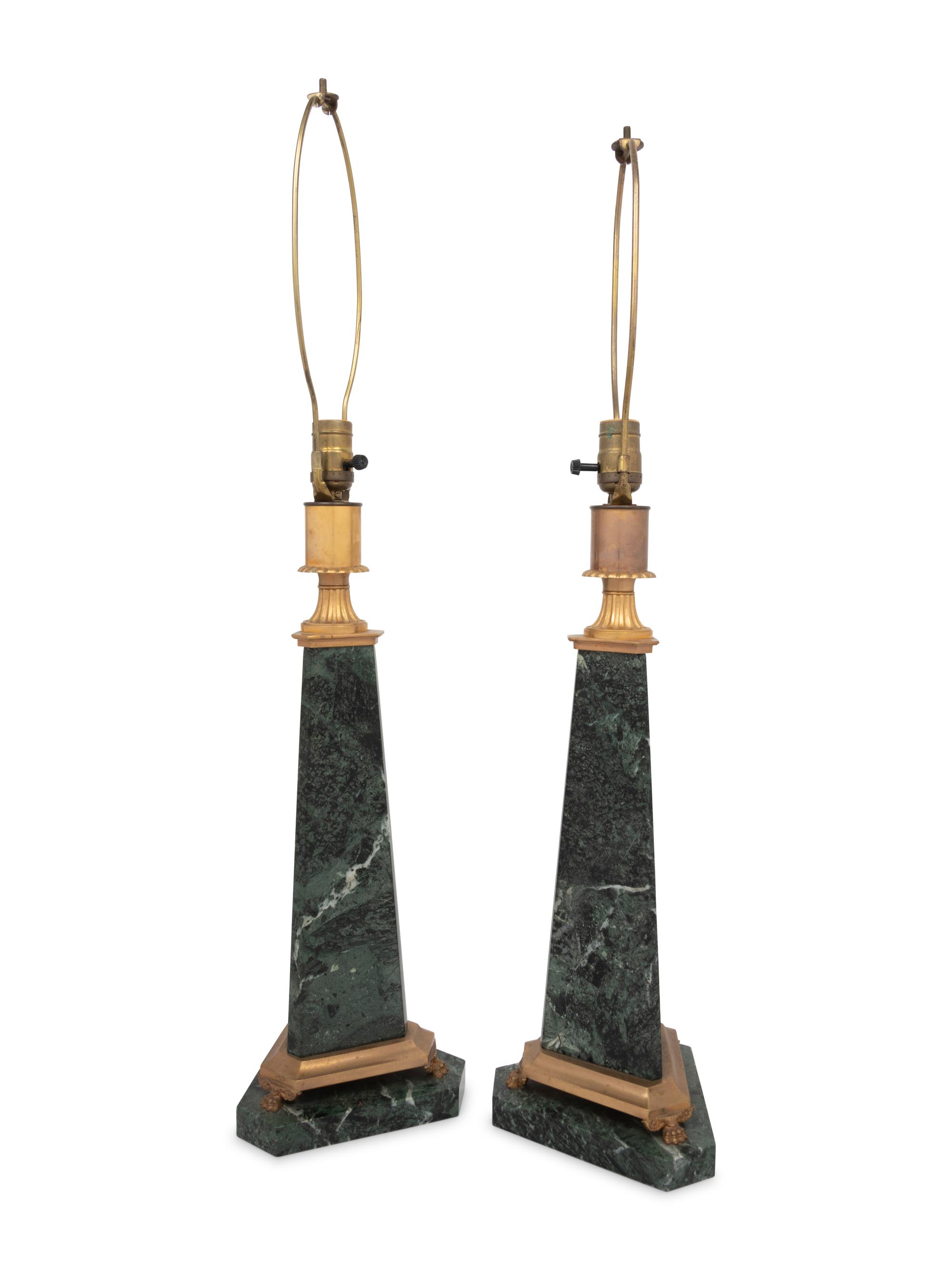 A Pair of Neoclassical Style Gilt Bronze and Marble Table Lamps