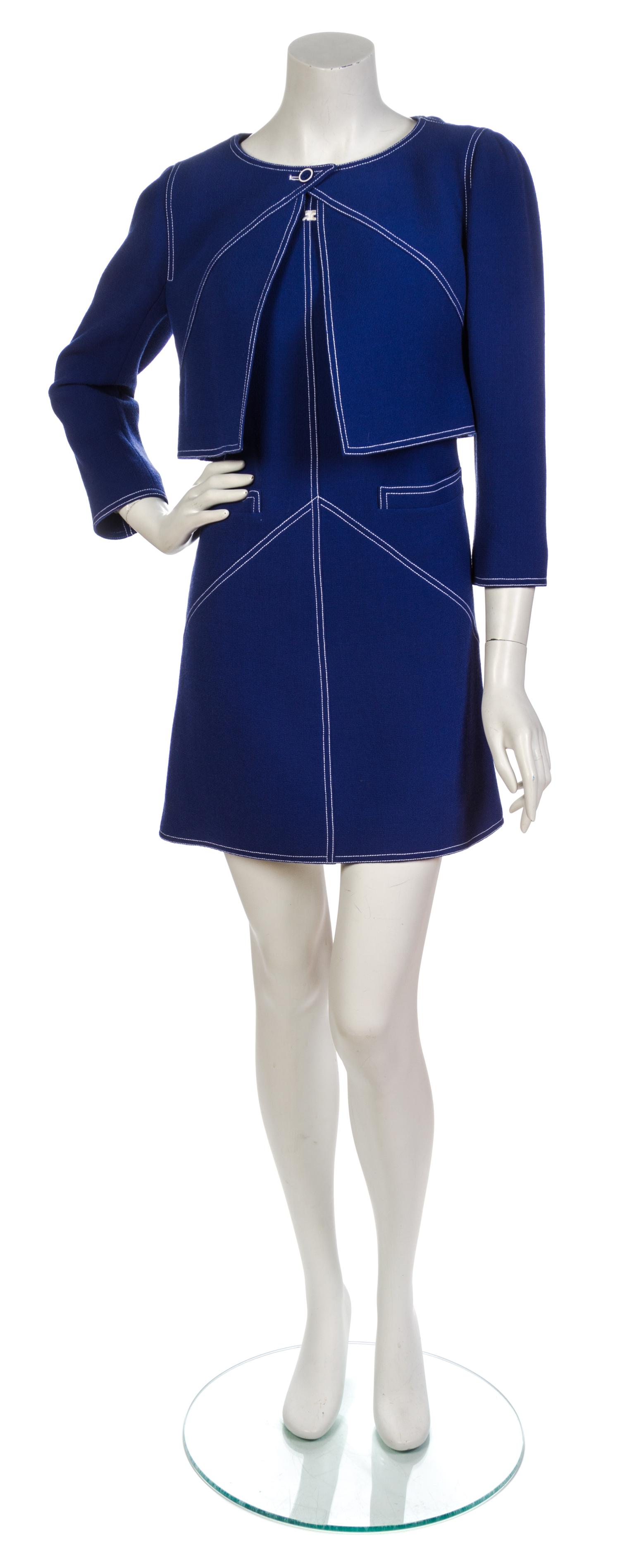 A Courreges Blue Wool Dress Ensemble, Jacket size 38, dress size 40.
