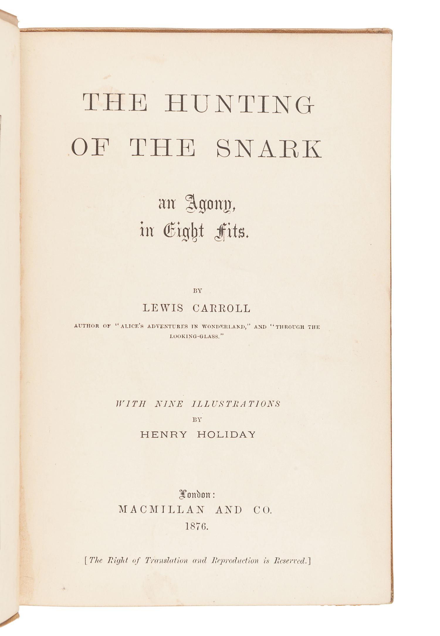 DODGSON, Charles Lutwidge ("Lewis Carroll") (1832-1898). The Hunting of the Snark. London: Macmillan and Co., 1876.