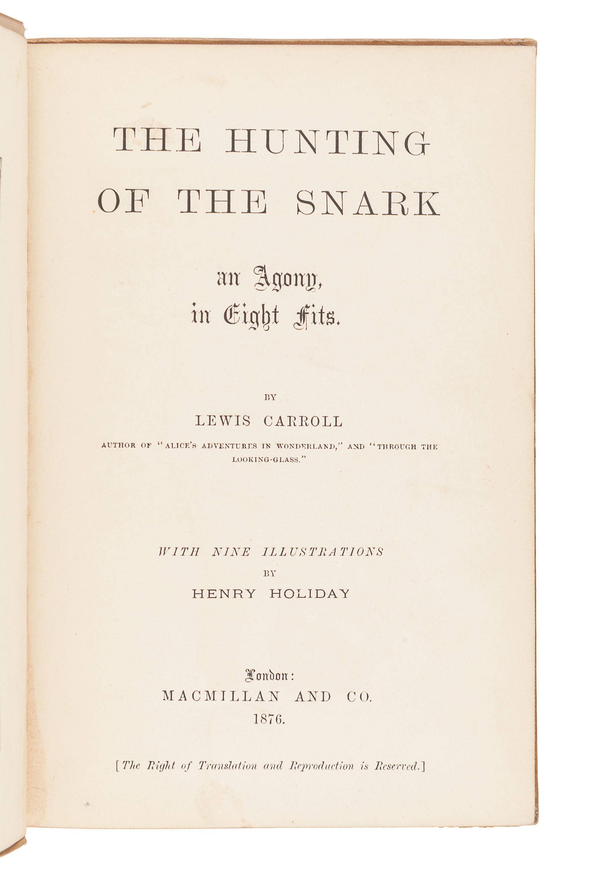 DODGSON, Charles Lutwidge ("Lewis Carroll") (1832-1898). The Hunting of the Snark. London: Macmillan and Co., 1876.