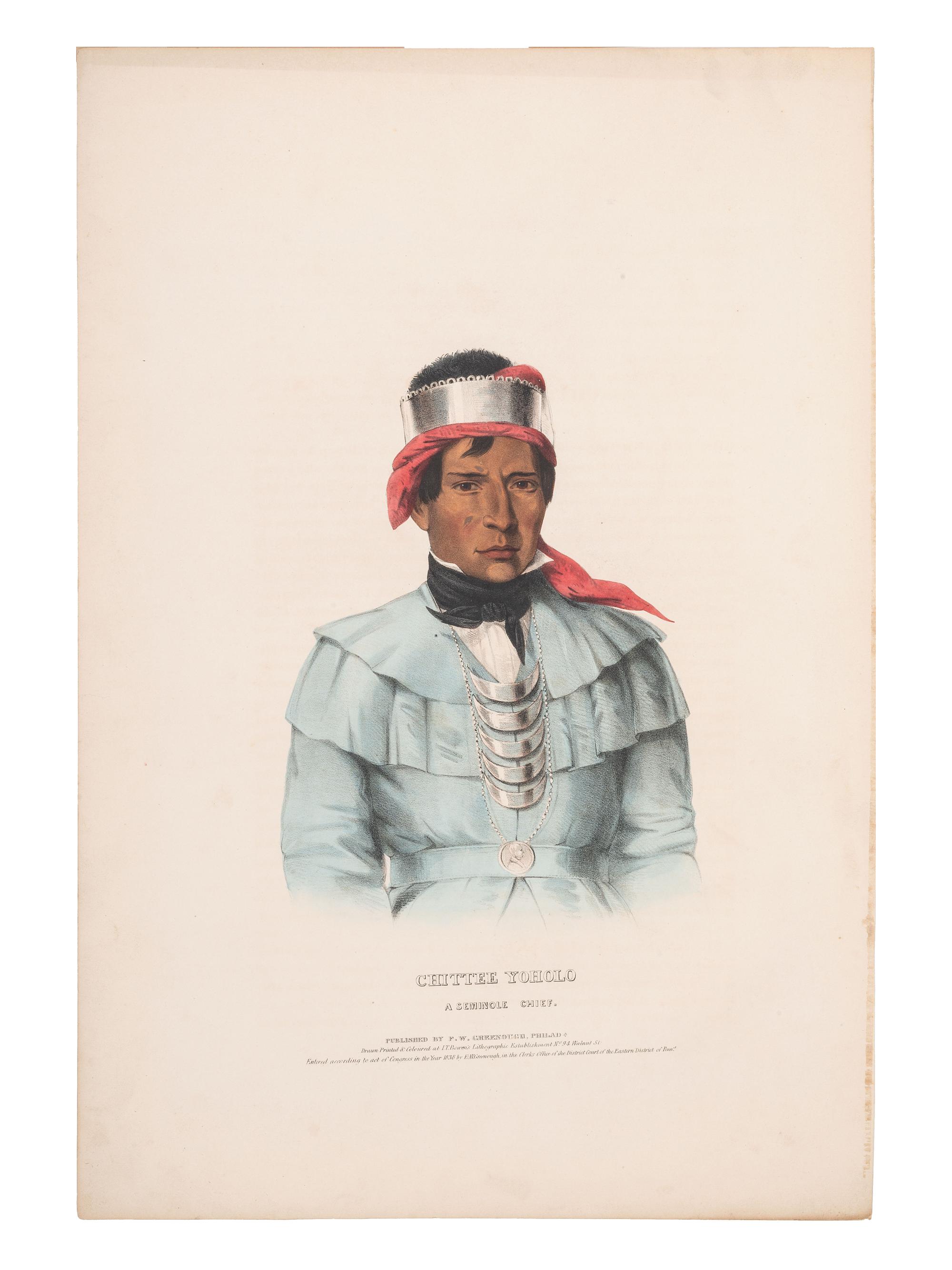 [McKENNEY & HALL]. A group of 3 large folio hand-colored lithographs of Chocktaw, Uchee, and Seminole. 1833-1838.