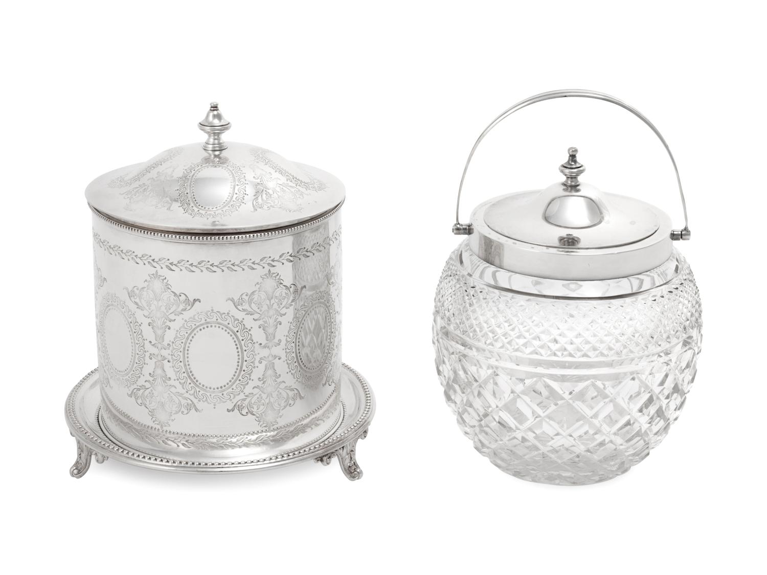 Two English Silvered Metal Mounted Biscuit Barrels