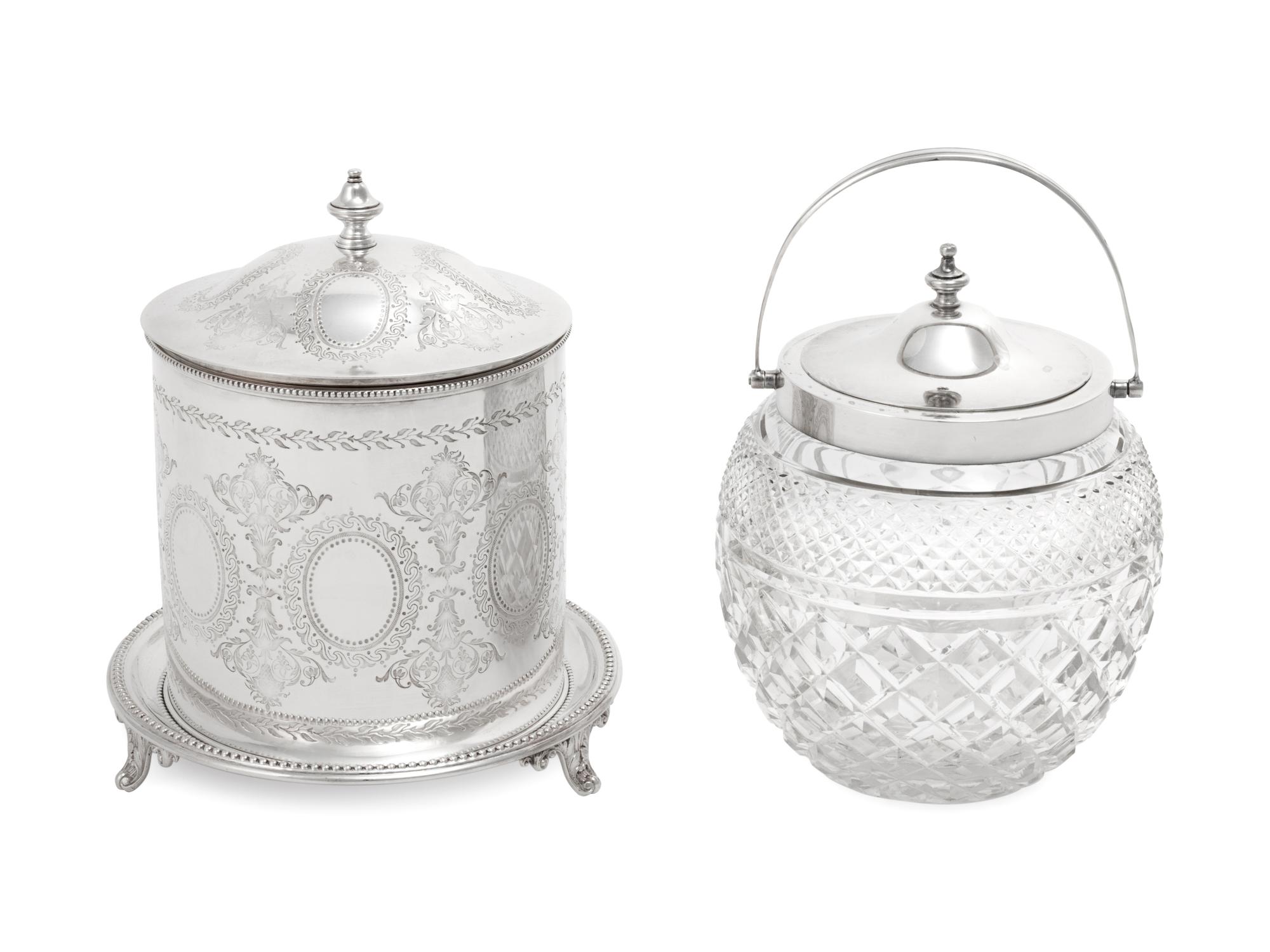 Two English Silvered Metal Mounted Biscuit Barrels