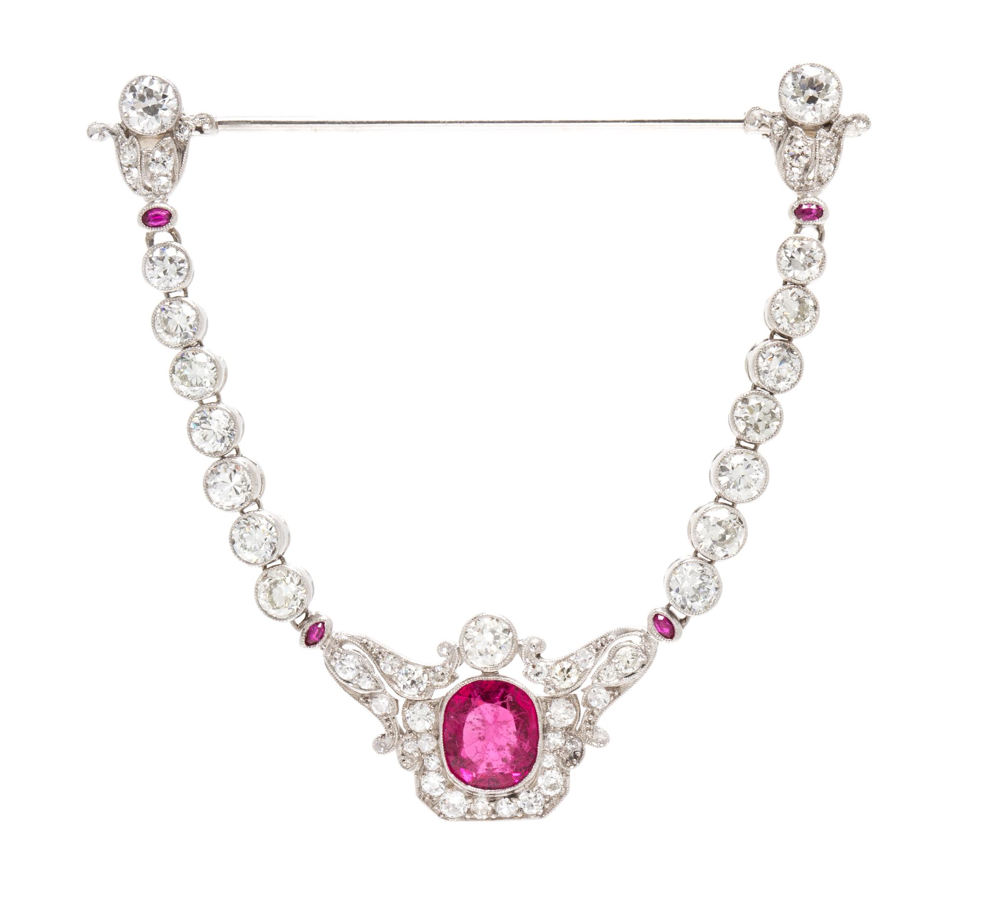 An Edwardian Platinum, Spinel, Diamond and Paste Jabot Brooch, 6.90 dwts.