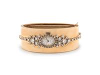 HAMILTON, BICOLOR GOLD AND DIAMOND BANGLE WRISTWATCH