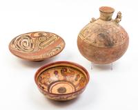 A Group of Three Pottery Vessels Diameter of first 10 inches.
