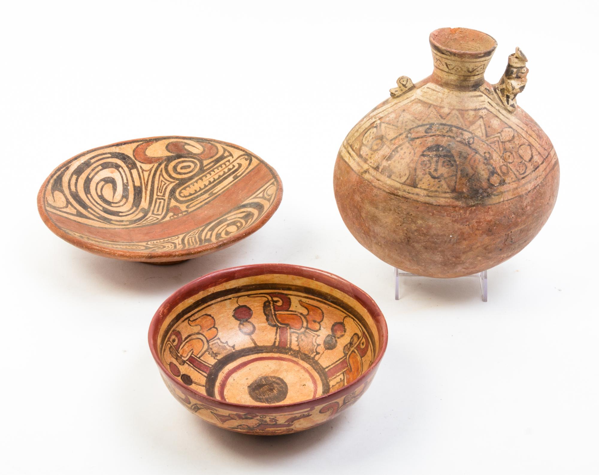 A Group of Three Pottery Vessels Diameter of first 10 inches.
