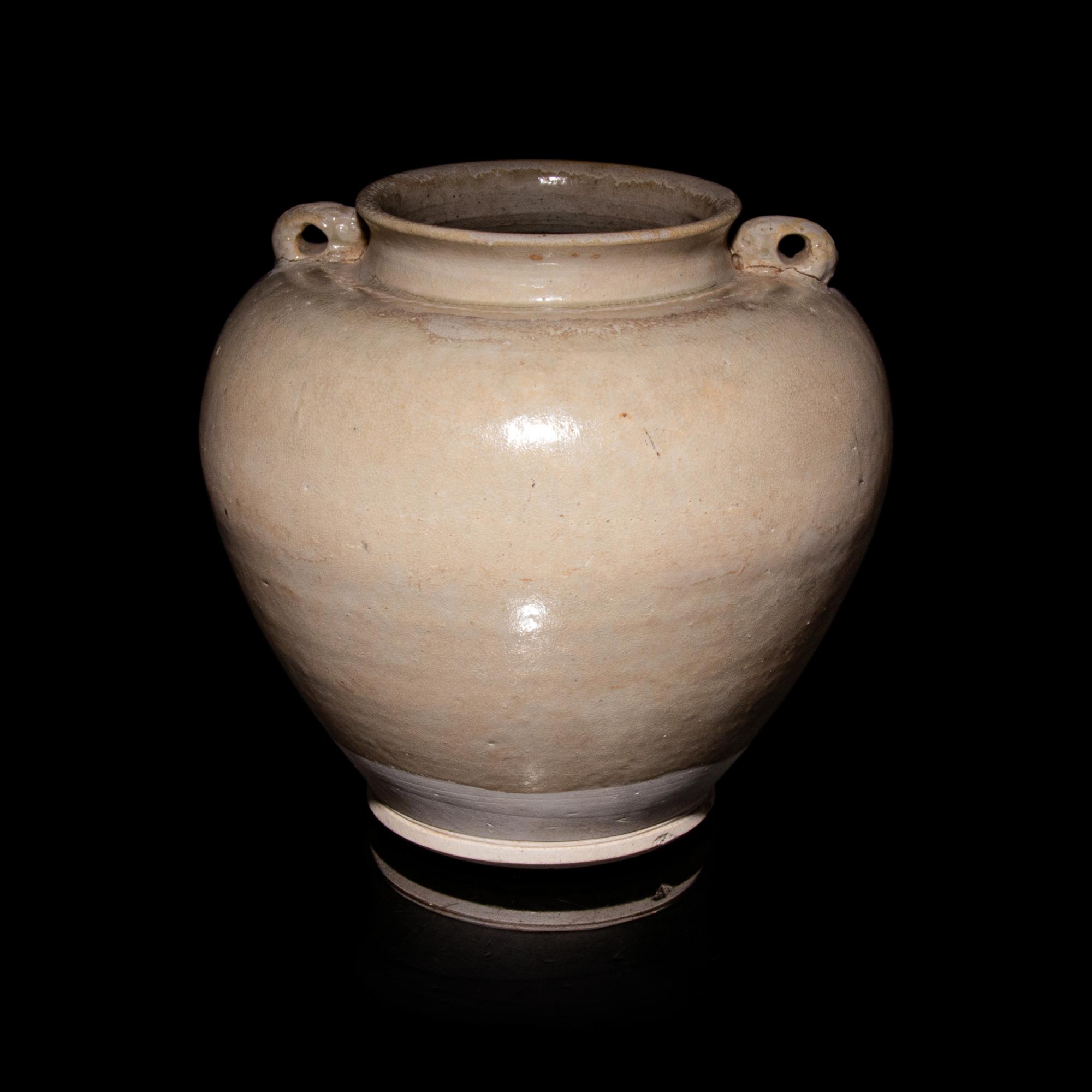A Chinese White Glazed Gongxian Pottery 'Rabbit' Ovoid Jar, Tang Dynasty 唐 巩县窯白釉雙兔耳罐