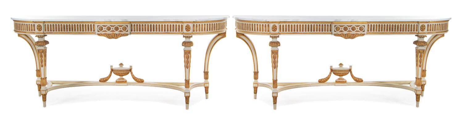 A Pair of Louis XVI Style Painted and Gilt Console Tables Height 34 x width 89 x depth 20 1/2 inches. — EARLY 20TH CENTURY