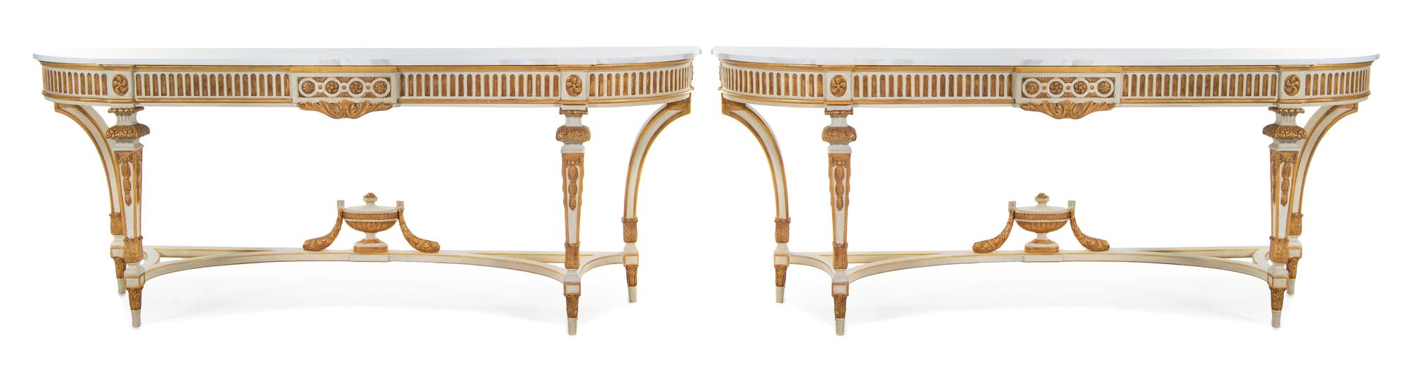 A Pair of Louis XVI Style Painted and Gilt Console Tables Height 34 x width 89 x depth 20 1/2 inches. — EARLY 20TH CENTURY