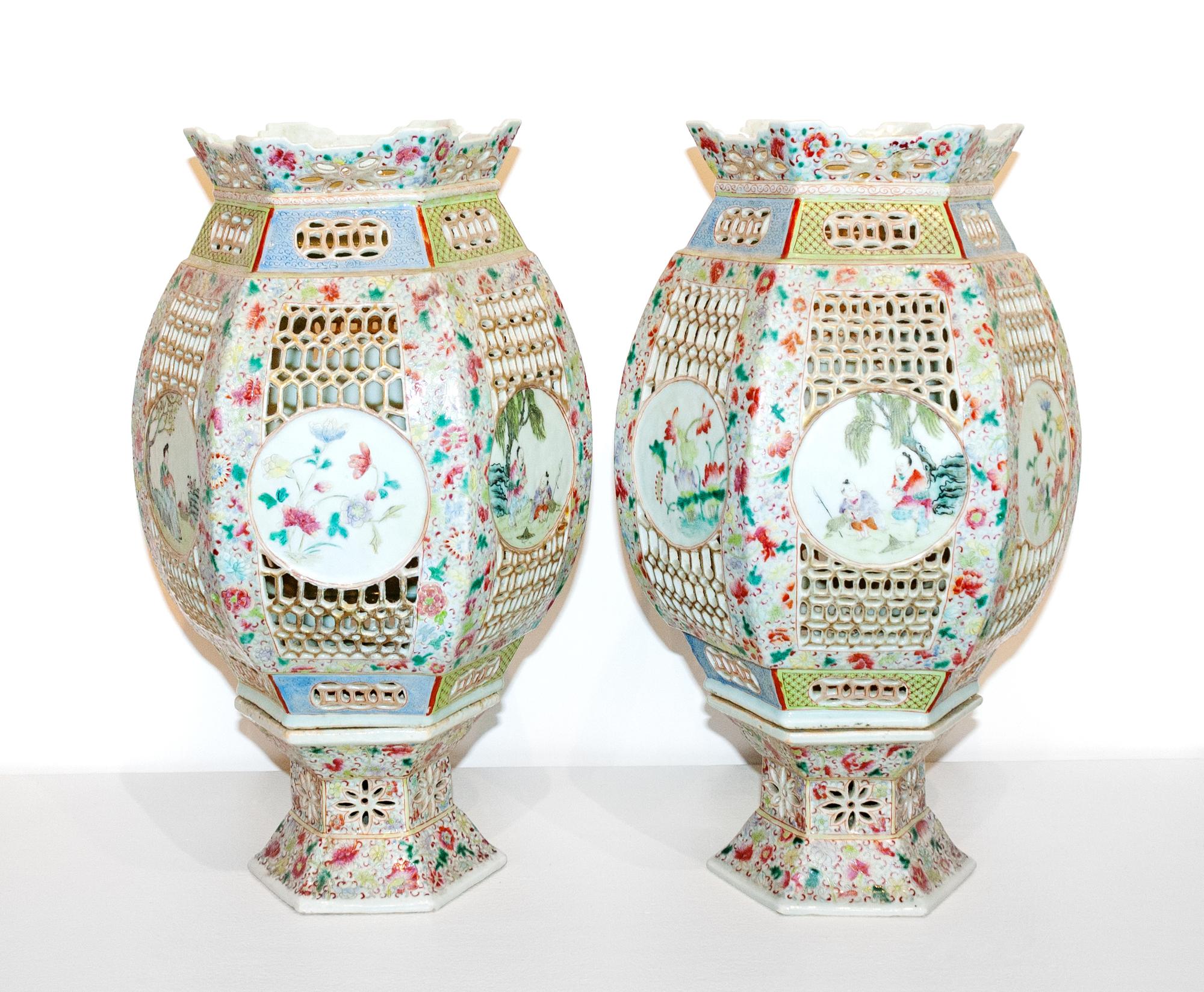 A Pair of Chinese Reticulated Porcelain Lanterns