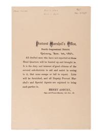 [CIVIL WAR]. A group of Civil War-era documents including Provost Marshal's Office orders warning drafted men to report to Head Quarters, Quincy, Illinois, 1 November 1864.