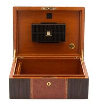 Three Wood Humidors Height of largest 5 1/4 x width 12 1/8 x depth 9 1/8 inches. — 20TH CENTURY